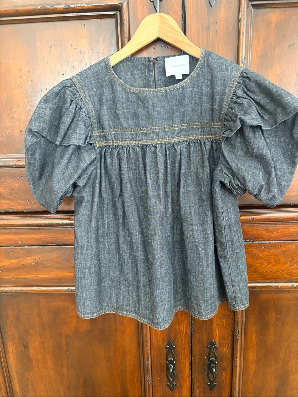sundays Dark Gray Puff Sleeve Denim Top